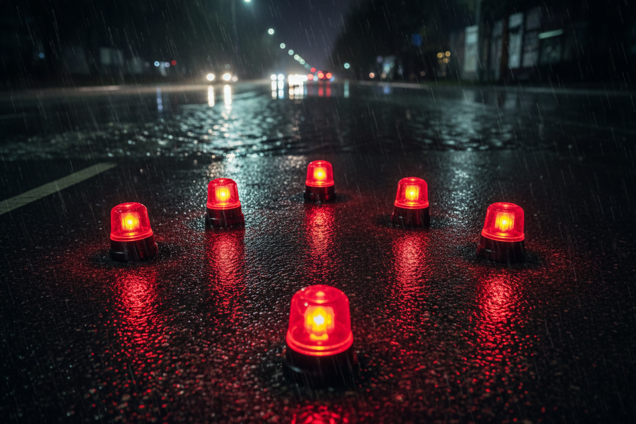 Six red KITE LED emergency flares on wet asphalt at night, flooded roadway background
