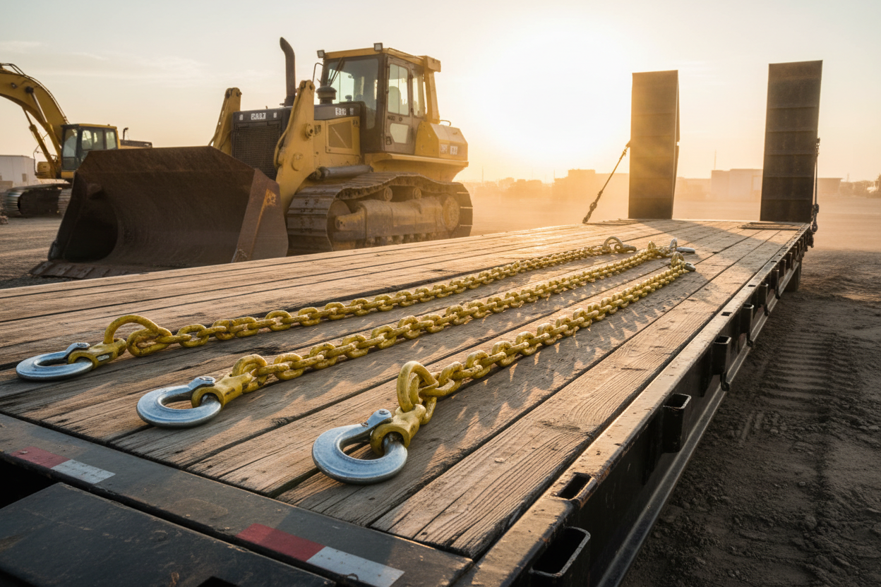 Four yellow Grade 70 transport chains with clevis hooks laid out on the deck of a lowboy trailer, heavy equipment in background, golden hour lighting
