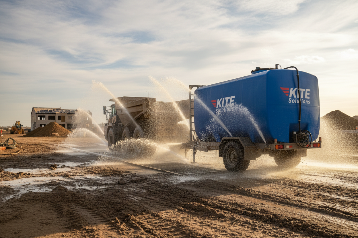 Mobile wheel wash station in operation at a construction jobsite exit, muddy dump truck driving through high-pressure water spray